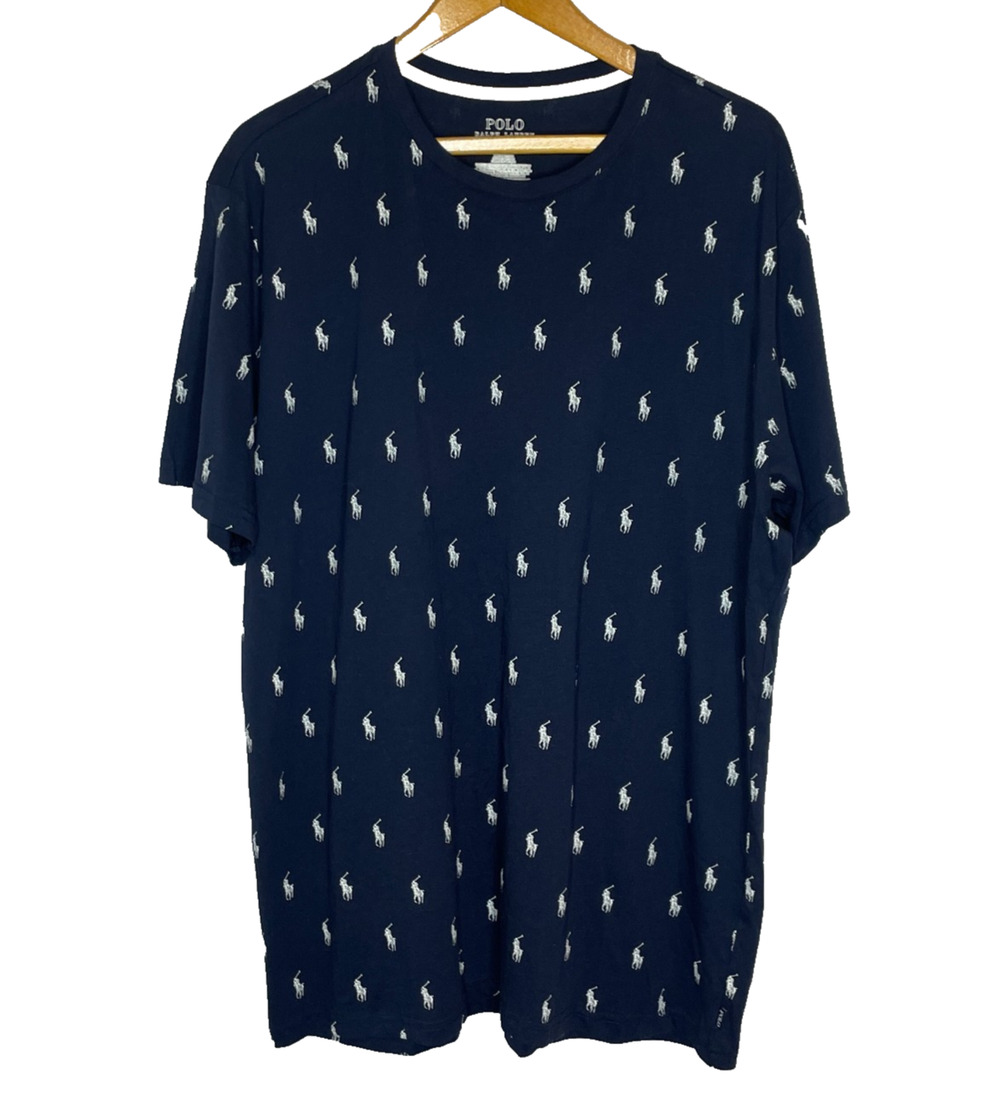 Men's XL Polo Ralph Lauren Navy Blue Pony All Over Print Cotton T-Shirt NEW